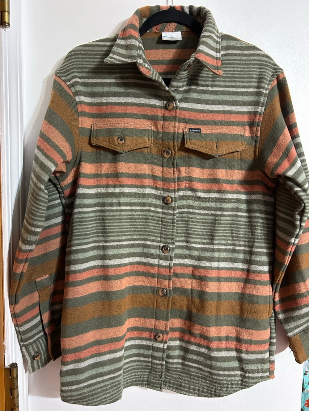 Columbia Olive, Rust & Cream Striped Button-Front Shirt Jacket